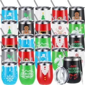 게조이 24개 크리스마스 텀블러 뚜껑 달린 12온스 스테인리스 여행용 와인 머그 티 보틀 진공 이중 커피