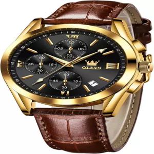 OLEVS 남성 크로노그래프 가죽 시계 빅 페이스 읽기쉬운 아날로그 쿼츠 원피스 캐주얼 방수 야광 손 데이트