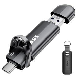 SSK USB C 드라이브 1TB, 듀얼 플래시 드라이브 속도 향상 tp 550MB /s 2-in-1 메모리 스틱 타입 C+USB A 3.2 Gen2 휴대용 외장 솔리드 스테이트 SSD 엄지 드라이브 (iPhone 15 /16 /PS4 /Android Phone /Tablet /Wi