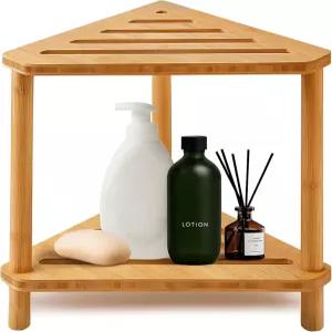 보관 선반이 있는 대나무 샤워 의자 220파운드 용량의 코너 시트 다리 면도용 미끄럼 방지 나무 욕조 벤치