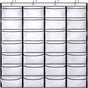 문 위에 큰 주머니 28개 옷장용 걸이형 신발 정리함 뒤용 프리미엄 클리어 신발장 보관함 금속 후크 화이트