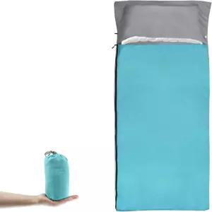 뉴도어 침낭 라이너 215 * 85cm 휴대용 경량 여행 시트 베개 슬롯 포함 초경량 부드러운 캠핑 폰지 패브릭