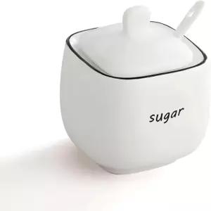 뚜껑과 숟가락이 있는 메리드에코 12온스 설탕 그릇 - 커피 바 주방 조리대용 세라믹 병 디스펜서 소금 및