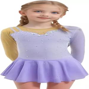 성인 및 소녀 대회 공연에 적합한 라인스톤 인레이 조이캔 피겨 스케이팅 드레스 긴 슬리브