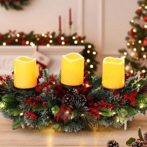 바쿨러 LED 크리스마스 캔들 홀더 센터피스, 3개의 배터리로 작동하는 인공 테이블 장식 베이스 캔들라브럼, 다이닝 룸 주방 실내 가정용 블랙 및 레드