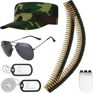 클로빌렛 5종 육군 병사 의상 군인 세트 남성용 모자 선글라스 벨트 및 태그 목걸이 포함 할로윈 파티