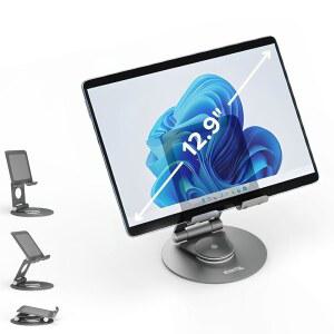 [미국배송] 플러그형 스위블 태블릿 스탠드 홀더 휴대폰 및 태블릿용 360 회전 기본 홀더(최대 12.9인치) 책상 POS 주방 그림을 위한 조절 접이식 아이패드호환 스탠드(PTSTAND1)