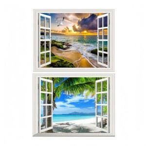 THNWSY 2피스 3D 자체 접착 페인팅 가짜 창문 벽 스티커 열대 섬 야자수 벽화 뷰 장식 가정용 (팜 비치 및 일출, 44.9 x 69.1cm(17.3 27.6인치))