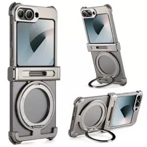 삼성 갤럭시 Z 플립 6 폰 케이스용 Oatsbasf 360도 보호 케이스 ° 회전식 스탠드 얇은 금속 자기 프레임리