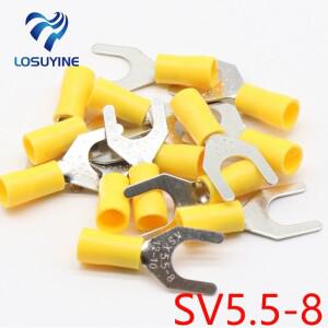 SV5.5-8 노란색 터미널 케이블 와이어 커넥터 50피스 절연 포크 스페이드 압착 전기 배선 SV