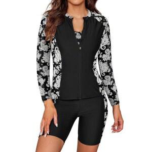 셰키니 여성용 3피스 래쉬가드 긴팔 수영복 지퍼 바지 UPF 50+ 셔츠
