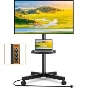 전원 콘센트가 있는 TVON 모바일 TV 스탠드, 23-65인치 LCD LED OLED 평면 커브드 스크린 TV용 틸트 롤링 카트, 휠 위 높이 조절 휴대용 최대 VESA 400x400mm