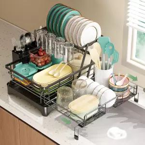 넷엘 2단 식기 선반 확장 가능한 건조대 주방 카운터용 배수기 홀더 및 컵 홀더가 있는 스트레이너 자동
