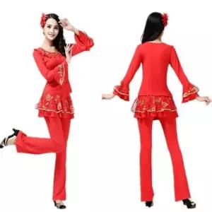 라인댄스복 힙스카프 공연복 댄스스포츠 라틴 무대의상 레드 바지 치마 세트 M