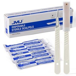 JMU #11 플라스틱 손잡이가 있는 일회용 멸균 메스, 10개들이 팩, 스테인리스 스틸 칼날, 개별 포장