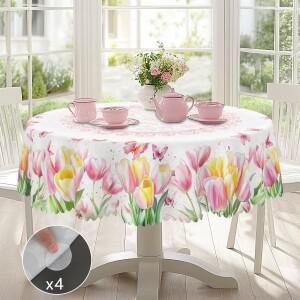 1개의 봄 튤립 원형 테이블보 다양한 크기로 제공 순백색 배경에 번짐 분홍색과 노란색 클러스터 꽃 화환