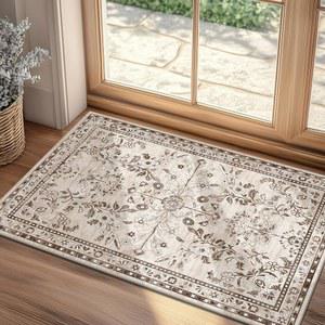 Yamaziot 세탁 가능한 러너 러그 5.1x7.6cm(2x3인치) - 꽃무늬 미끄럼 방지 소형 입구 러그, 고무 뒷면, 낮은 파일 인조 울 디스트레스드 카펫, 실내 문 매트, 주방, 입구용, 브라운