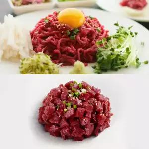 [내가고기] 반반 / 육회 + 깍둑 육회 총500g + (간장맛소스, 구은굵은소금, 참기름) 마장동 국내산 당일작업 신선 냉장