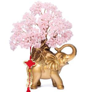 금 코끼리 동상 위의 로즈 쿼츠 크리스탈 머니 트리, 17 u201DL 대형 보석 분재 트리, 부 긍정 에너지를 위한 홈 데코 선물, 풍수 장식