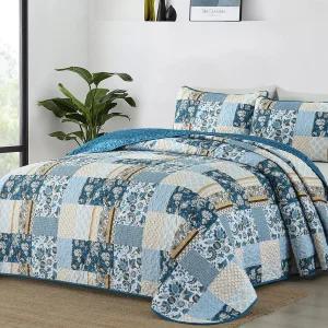 WONGS 침구 이불 세트 킹 사이즈 블루 여름 패치워크 격자무늬 침대 스프레드 커버렛 플로럴 소프트 경량
