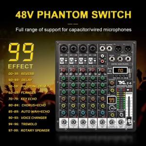 TKLBLS Professional 6 채널 99DSP 오디오 믹서 48V 팬텀 파워 USB 가라오케 블루투스 DJ 콘솔