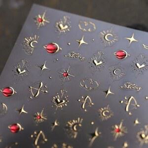 여성용 네일 아트 셀프 접착 럭셔리 데칼을 위한 문 스타 스티커 5D 엠보싱 골드 레드 플래닛 하트 디자인 매니큐어 장식