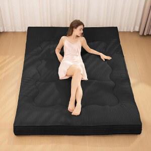 NLDD 일본산 바닥 매트리스, 4인치 두꺼운 이불 매트리스 트윈 사이즈 수면 패드, 코듀로이 접이식 다다미 매트 롤업 객실 침실, 블랙