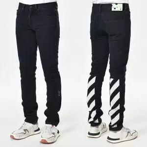 [오프화이트] OMYA085 백 사선 에코 슬림진 다크블루