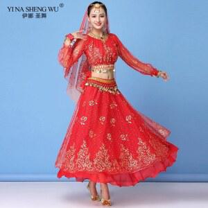 밸리댄스 스포츠 댄스복 의상 성인 볼리우드 드레스 여성 인도 댄스 사리 밸리 복장 공연 의류 시폰 긴 소매