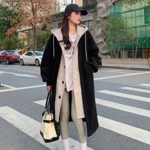 여성 양털 오버핏 후리스 레이어드 후드 롱코트 편한 착용감 여유로운 핏 뽀글이 코트
