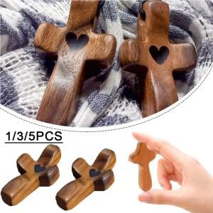 5/3/1피스 십자가 내 마음  격려 선물 미니 소형 소형 나무 메쉬 가방과 휴대용 포켓 손가락 끝 긴장 종교