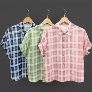 여성 체크 시스루 반팔 린넨 여름 블라우스