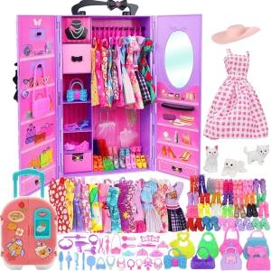 K.T. Fancy 11.5인치 인형용 보라색 옷장 포함 83종 인형 및 액세서리 세트 (옷장 신발 지갑 옷걸이 빗