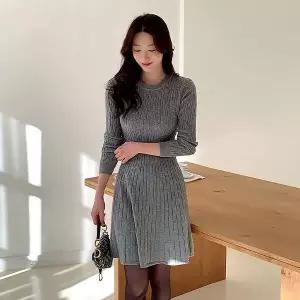 [미나그램] 메를 플레어 케이블니트원피스