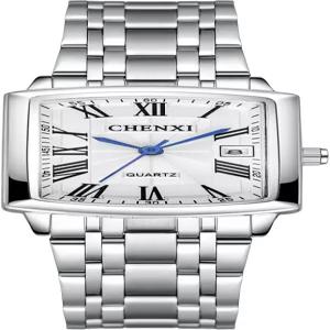 Lancardo 여성 사각 손목시계 실버 톤 스테인리스 스틸 아날로그 쿼츠 로마 숫자 달력 다이얼 비즈니스