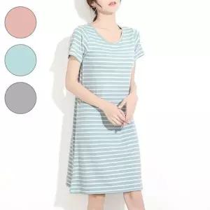파자마 원피스 여성 루즈핏 라운드 단가라 면 잠옷 (KYR-WEE8F00)