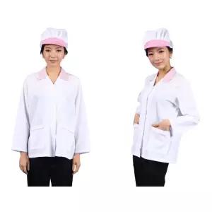 여성용 핑크줄 긴팔 주방 위생복 상의n모자 배식용 작업용 단체복 조리복 주방복