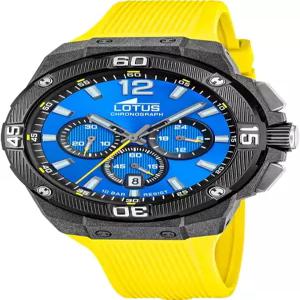 Lotus 남성 시계 18975/5 크로노 블랙 카본 섬유 케이스 노란색 실리콘 스트랩 파란색 스트랩.