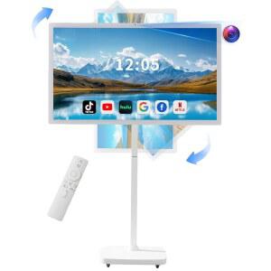 휠 위의 Grhurg 32인치 스마트 휴대용 TV, FHD 터치스크린 모니터, 무선 롤러블 8G RAM, 128G 스토리지, 내장 6-8H 배터리, Android 14, 풀 스위블