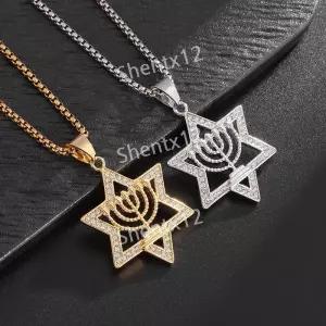 이스라엘 메노라 유대교 히브리어 목걸이 다윗의 별 금색