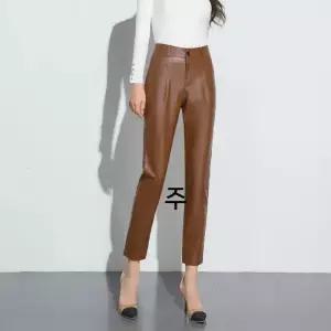 포뇨 여성 추동 에닝가죽바지 하이웨스트 슬림핏 양가죽 9부 바지 일자 슬랙스 OPH4