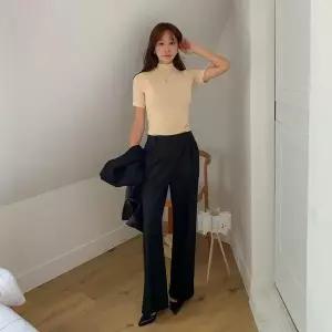 [하프클럽/옷자락]여자 오피스룩 뒷밴딩 핀턱 세미와이드 슬랙스