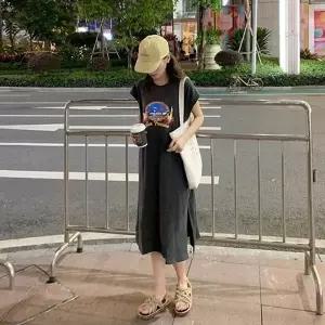 캘리포니아 프린팅 민소매 캐주얼 면 롱 원피스 (KYR-WFFT8EH)