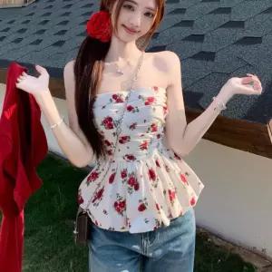 오프숄더 스모크밴딩 플라워 패턴 여성 블라우스블라우스탑 민소매 리조트룩 여행 리조트 신상 나시 블라우