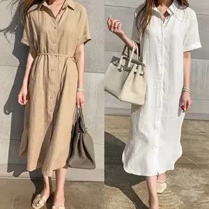 흰색원피스 린넨 반팔 롱셔츠 휴양지원피스 (KYR-WCB2EBD)