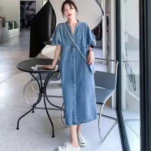 코튼 폴리 혼방 진청 연청 가오리핏 데님 롱원피스 (KYR-WE87BDA)