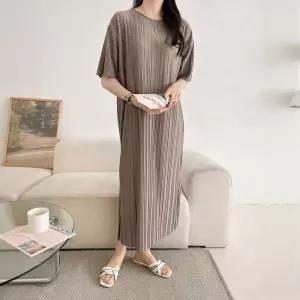 베이글 플리츠 반팔 빅사이즈 롱 원피스 체형커버 데일리 주름 홈웨어 무지 편한여름 루즈핏