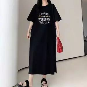 편하게 입는 오버핏 블랙 무지 프린팅 캐주얼 원피스티셔츠 롱원피스 여름 레터링 루즈 반팔 박시 면원피스