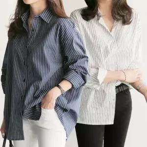 여성 루즈핏 디자인 세로 스트라이프 데일리 셔츠 형광티셔츠