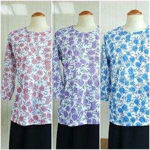 엄마옷 꽃 면스판 라운드 7부티 꽃무늬 실내복 7부 면티 요양원 환자복